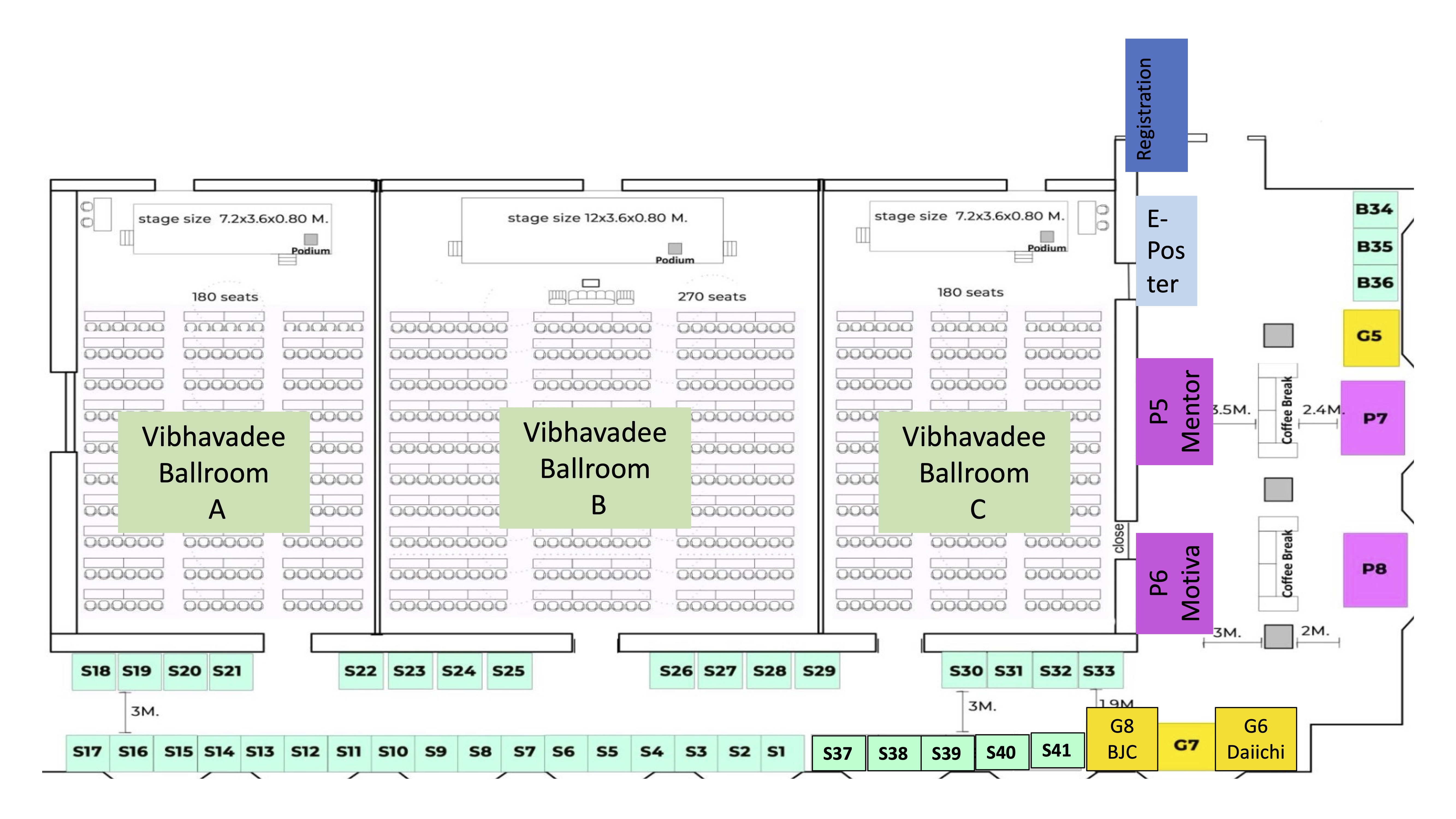 Floor plan: Vibhavadee Ballrooms A, B, and C with exhibition and registration areas